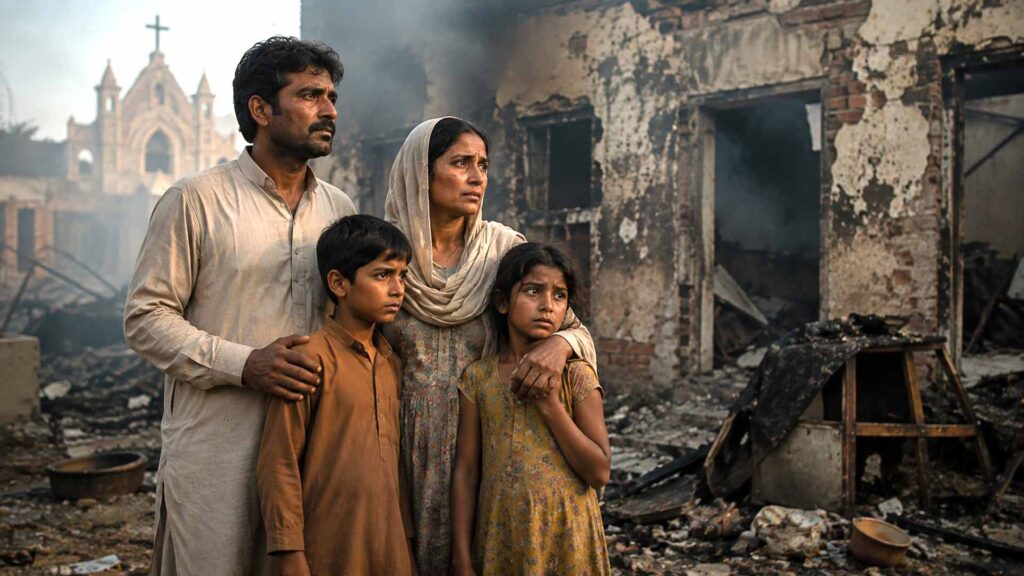 Pakistaans christelijk gezin bij hun beschadigde woning na geweld tegen hun gemeenschap