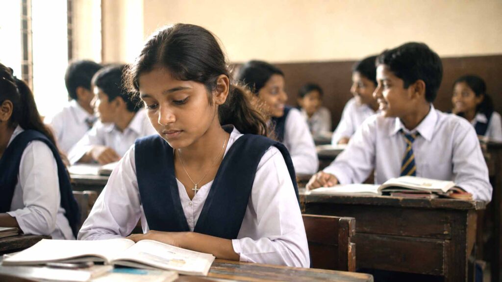 Pakistaans christelijk schoolmeisje dat nadenkend in een klaslokaal zit