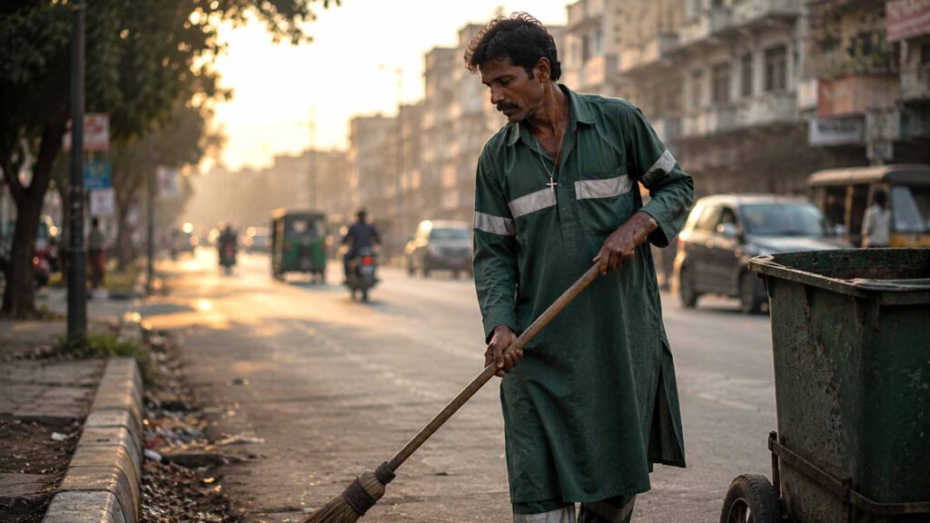Pakistaanse christelijke gemeentewerker die een straat schoonveegt