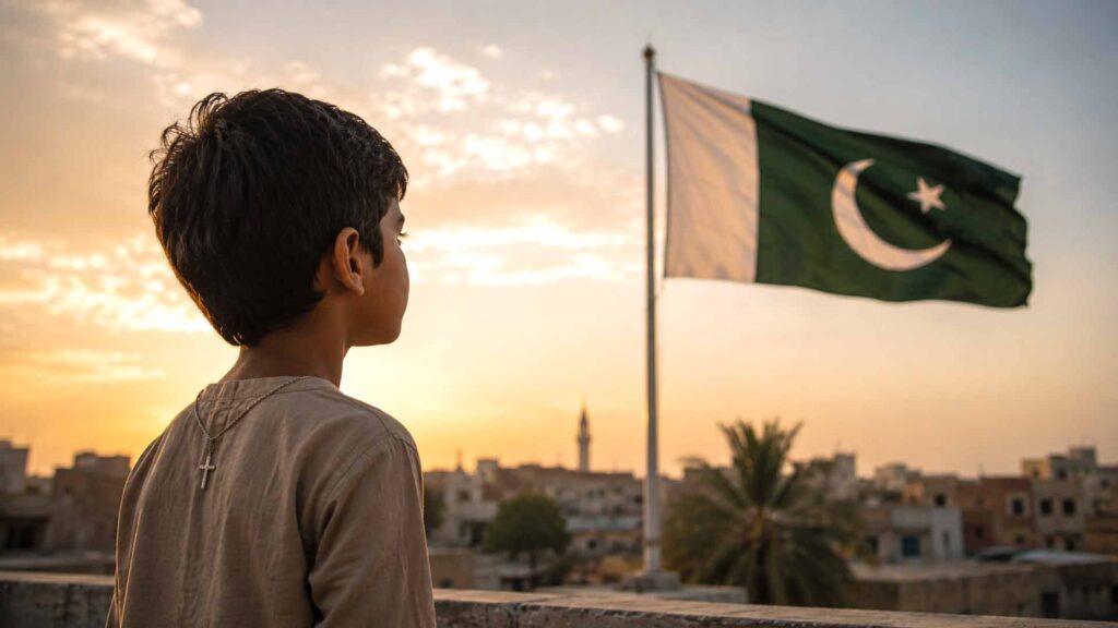 Pakistaans christelijk kind kijkt naar de nationale vlag en de witte baan