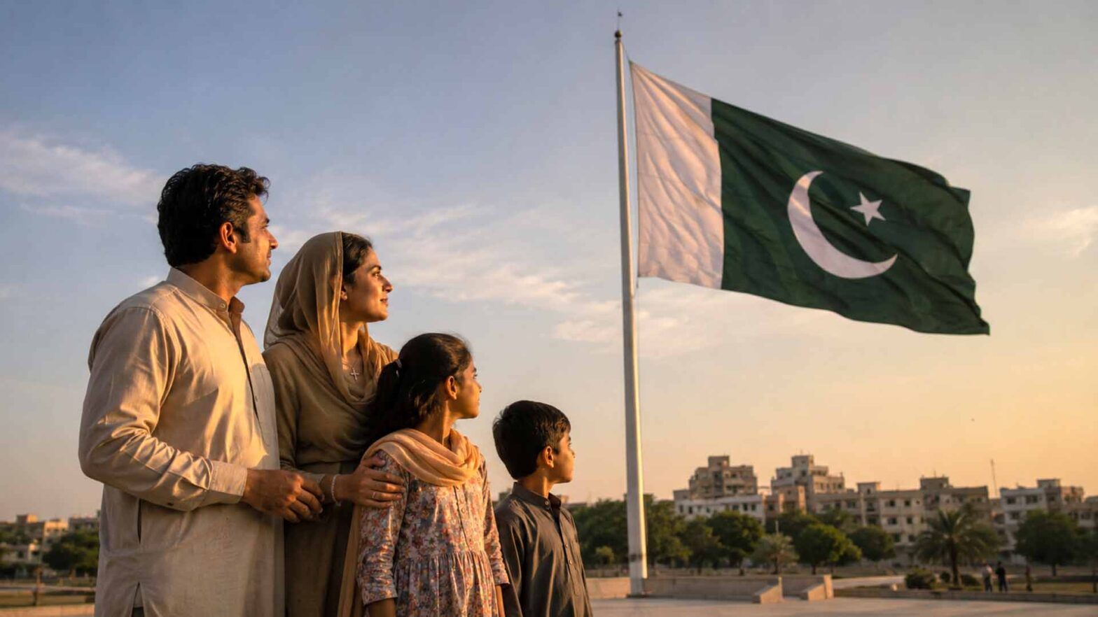Pakistaans christelijk gezin bij de nationale vlag die religieuze minderheden vertegenwoordigt