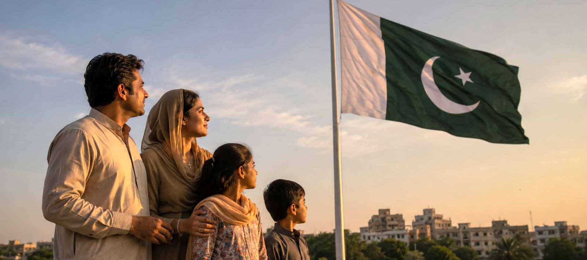 Pakistaans christelijk gezin bij de nationale vlag die religieuze minderheden vertegenwoordigt